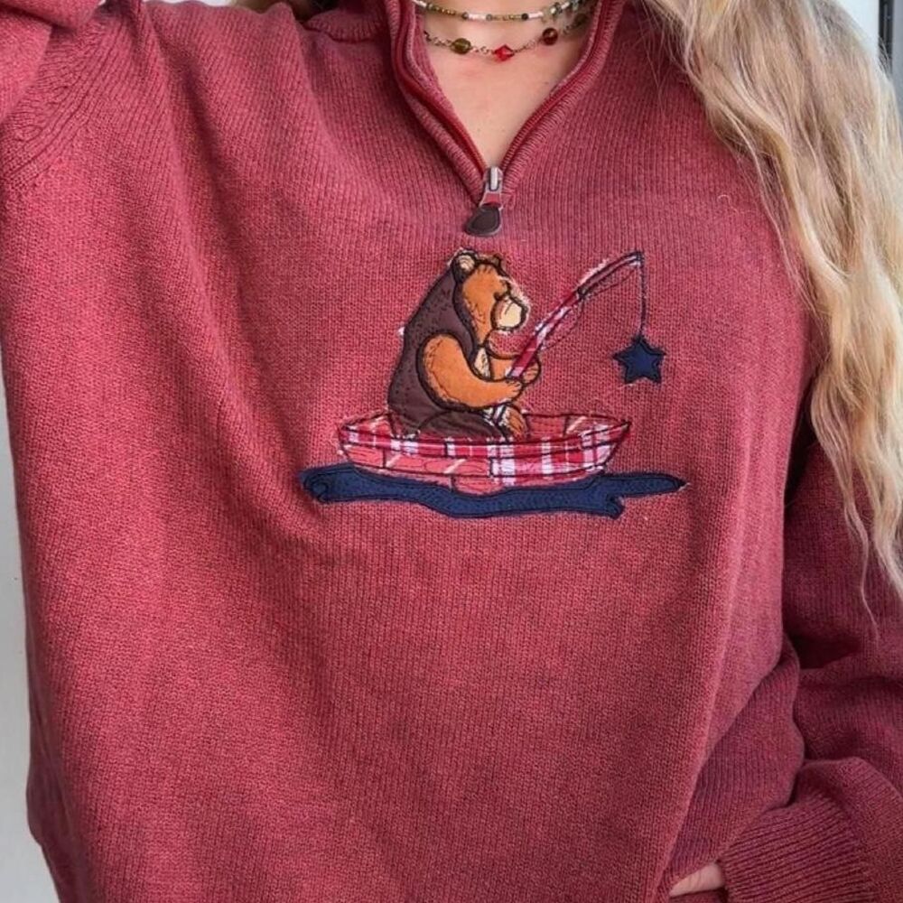 Upcycled fishing bear patchwork embroidered heather maroon quarter zip